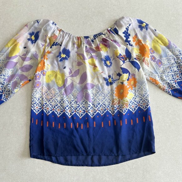 Floral Half Sleeve Silk Peasant Blouse ASO Alex Russo - Picture 6 of 8